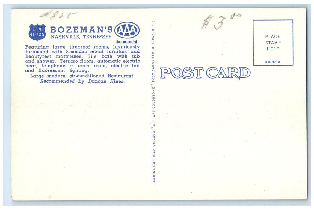 c1940's Bozeman's Court & Restaurant Cottages Nashville Tennessee TN Postcard