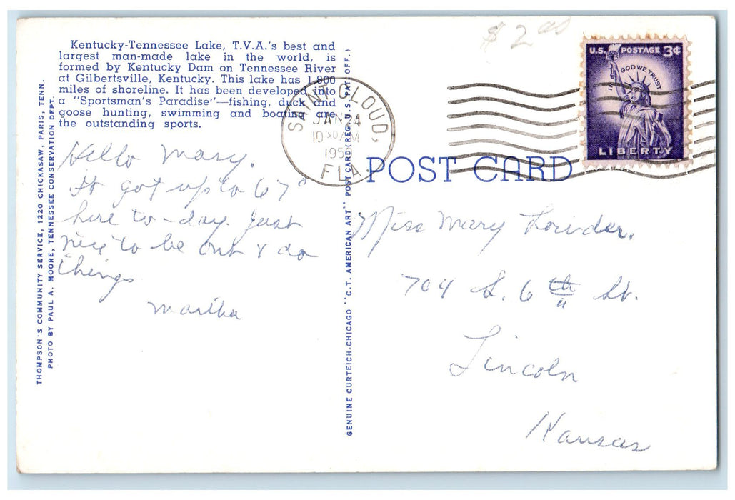 1959 Kentucky Tennessee Lake Scott Fitzhugh Truss Bridge Speed Boat TN Postcard