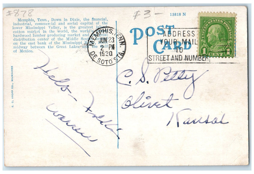 c1920 Waterfront Passenger Ship Docking Smokestack Memphis Tennessee TN Postcard