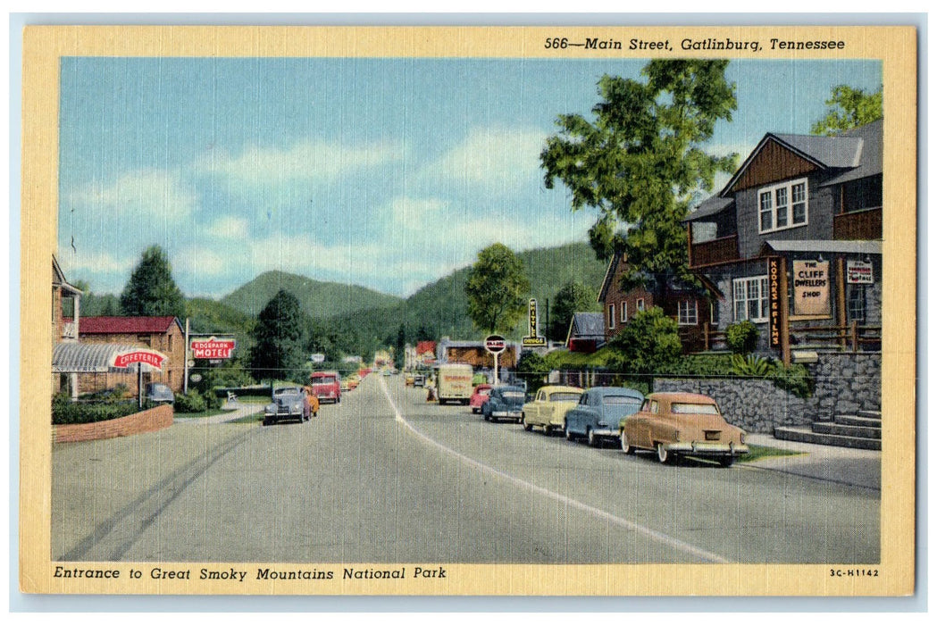 c1940's Main Street Classic Cars Park Gatlinburg Tennessee TN Unposted Postcard