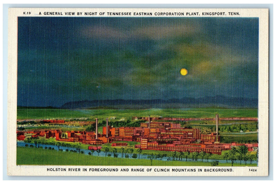 c1940's Tennessee Eastman Corporation Plant At Night View Kingsport TN Postcard