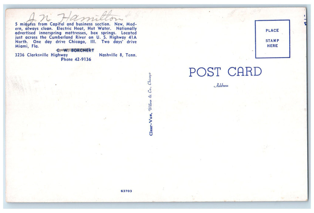 c1950 ABC Motel & Restaurant Cottages City Water Nashville Tennessee TN Postcard