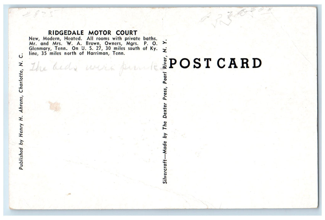 c1920 Ridgedale Motor Court & Restaurant Roadside Glenmary Tennessee TN Postcard