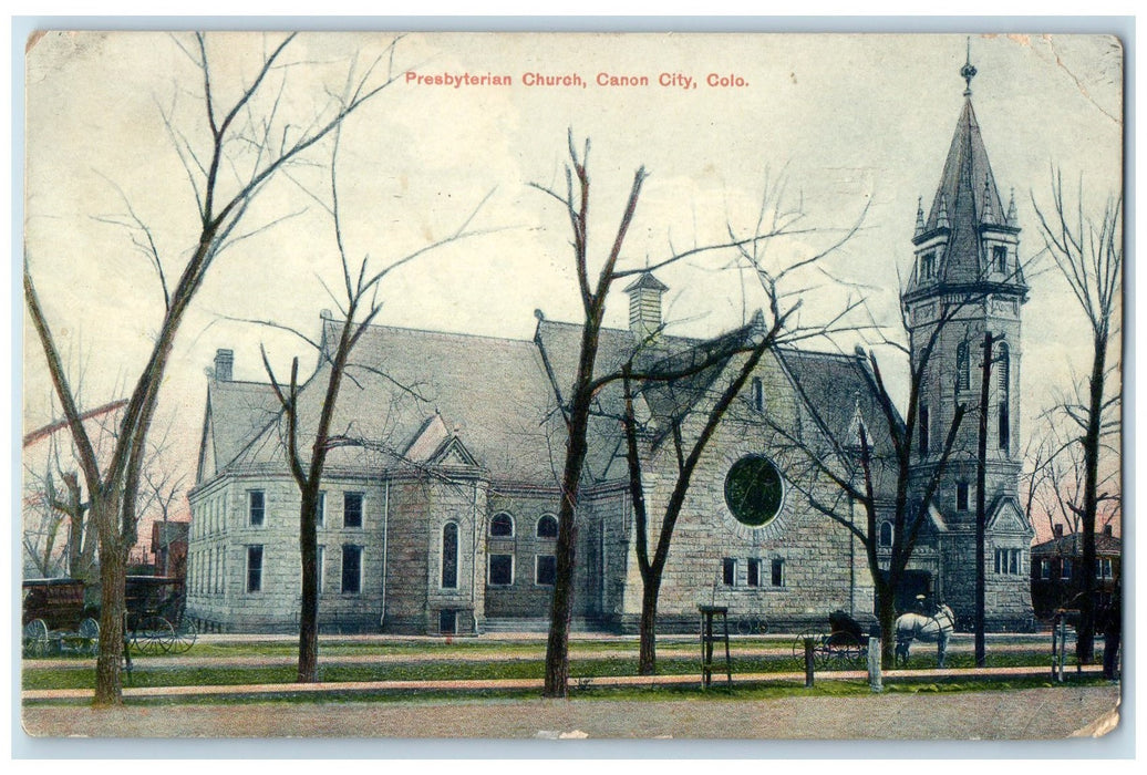 1913 Presbyterian Church Building Horse Buggy Canon City Colorado CO Postcard