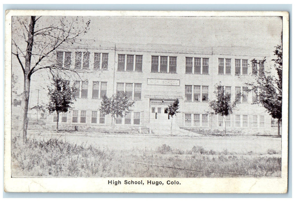 1941 High School Campus Building Entrance Dirt Road Hugo Colorado CO Postcard