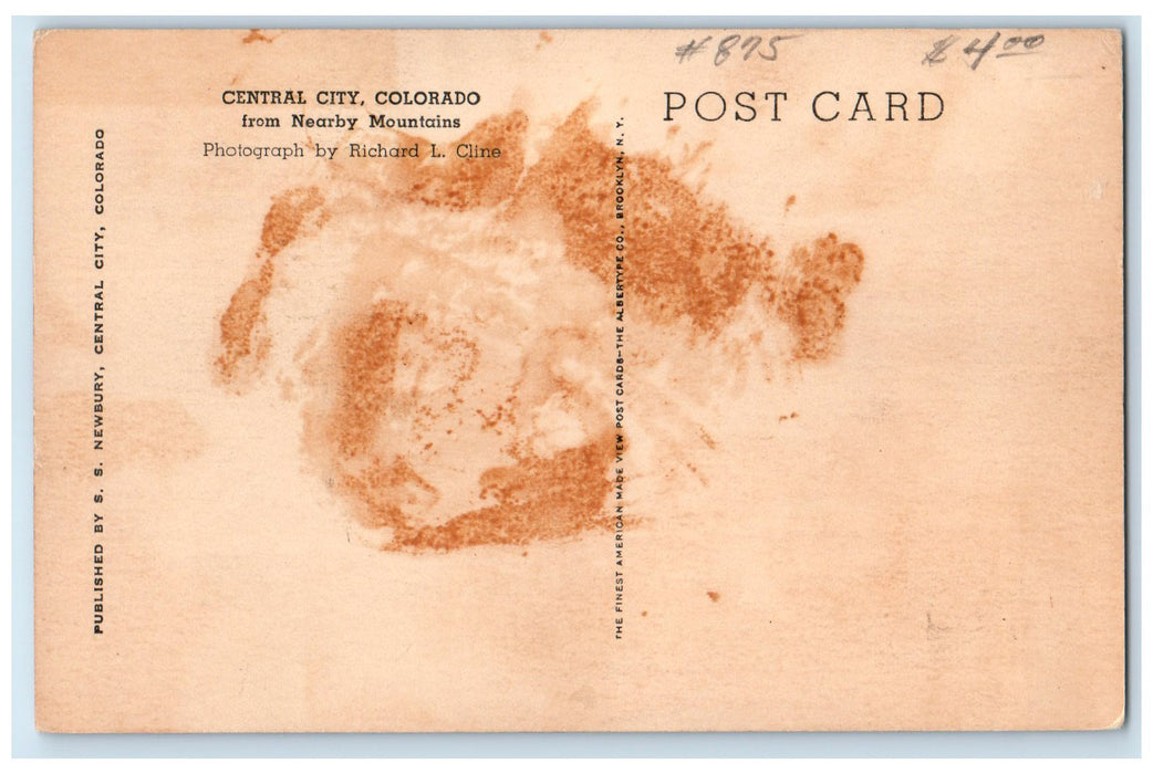 c1910 Aerial View Mountains Buildings Roads Central City Colorado CO Postcard