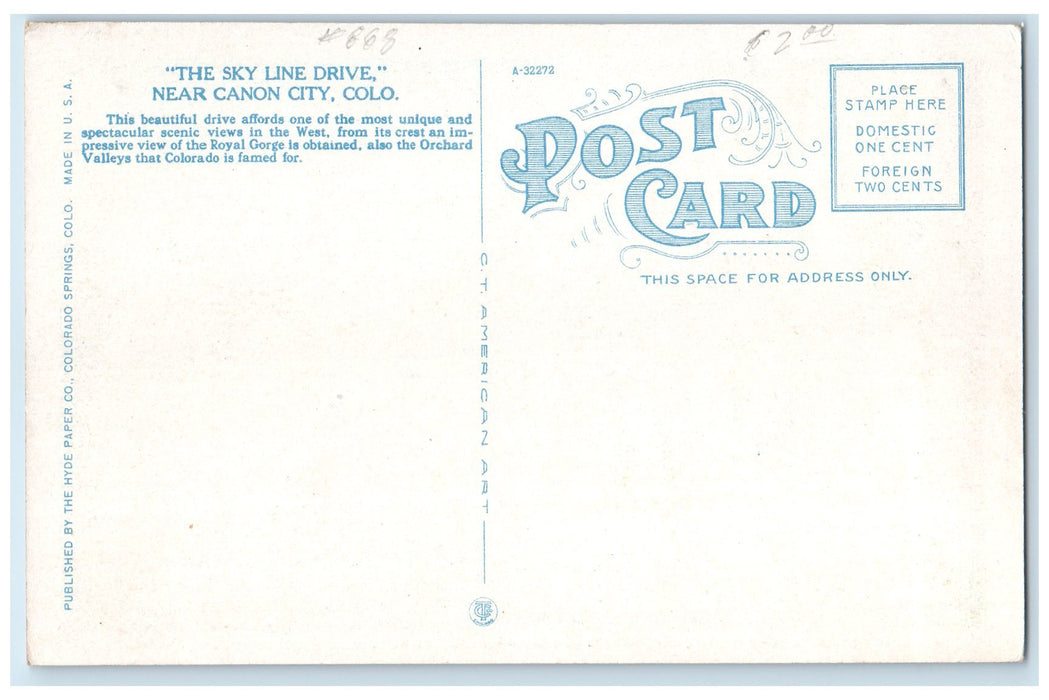 c1920's Skyline Drive Scene Dirt Road Colorado Springs Canon City CO Postcard