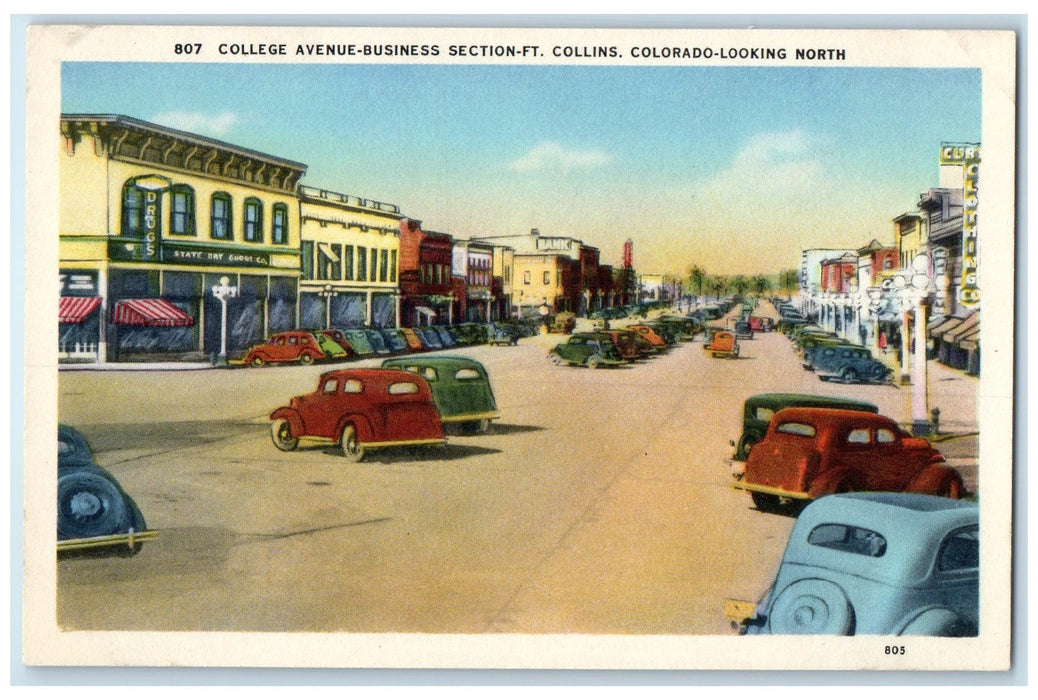 c1920's College Avenue Business Section Cars Ft. Collins Colorado CO Postcard