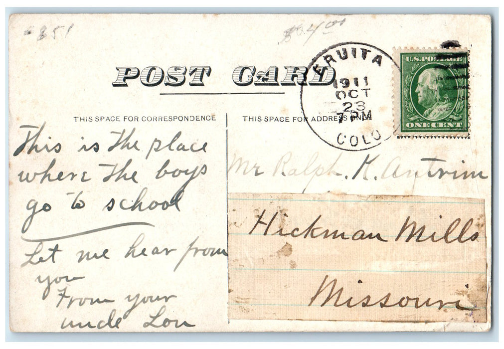 1911 High School Campus Building Entrance Fruita Colorado CO Posted Postcard