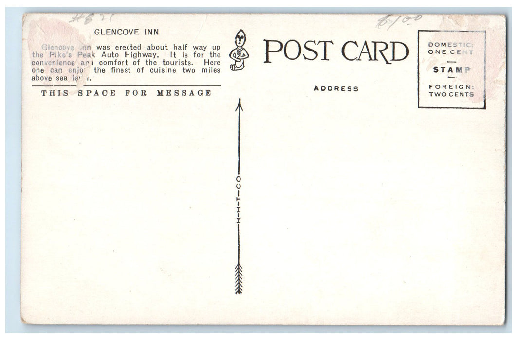 c1910's Glencove Inn Halfway Up Pike's Peak Auto Highway Colorado CO Postcard