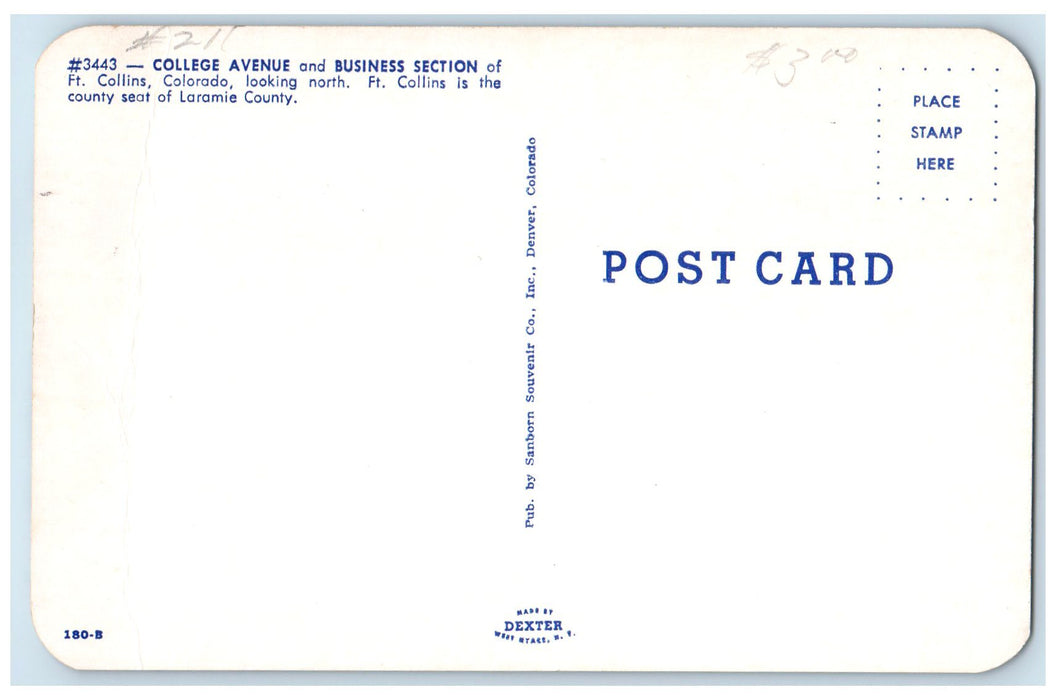 c1950's College Avenue & Business Section View Ft. Collins Colorado CO Postcard