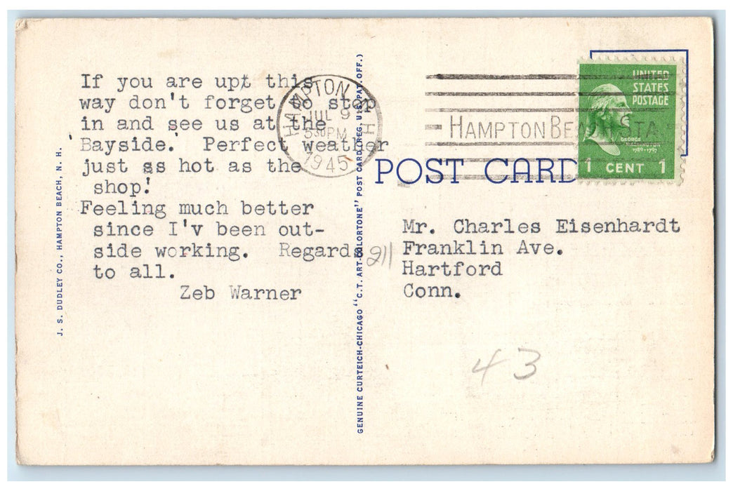 1945 Along Shore Great Boars Head Hampton Beach New Hampshire NH Posted Postcard