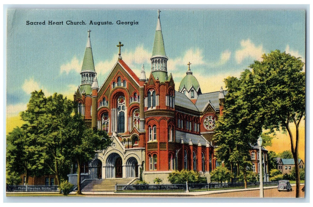 c1940's Sacred Heart Church Building Cross Tower Augusta Georgia GA Postcard