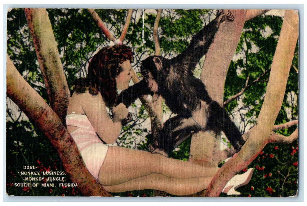 1946 The Monkey Jungle Lady With The Monkey Goulds Florida FL Posted Postcard