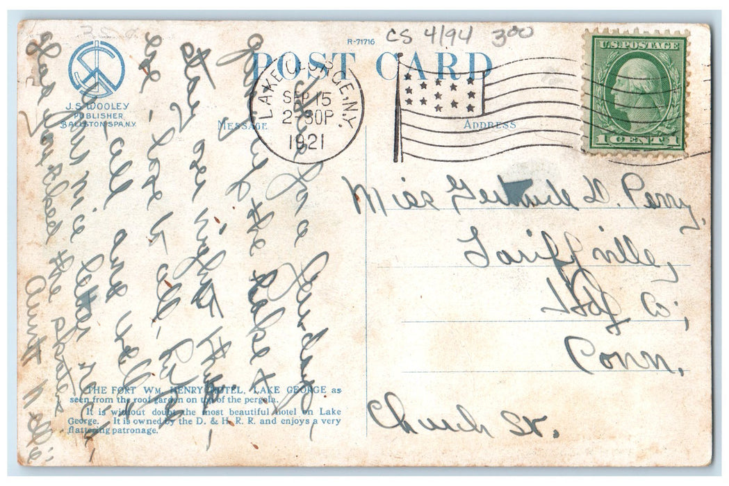 1921 Fort WM Henry Hotel From Pergola Terrace Lake George New York NY Postcard