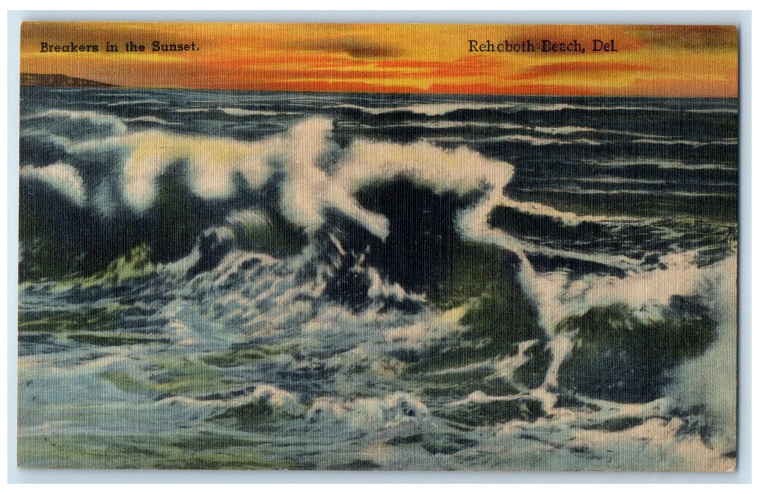 c1940's Breakers In The Sunset Huge Waves Rehoboth Beach Delaware DE Postcard