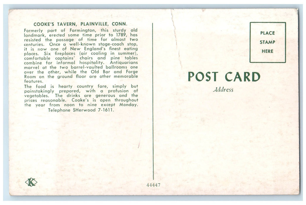 c1950 Cooke's Tavern Restaurant Bar Ballroom Plainville Connecticut CT Postcard