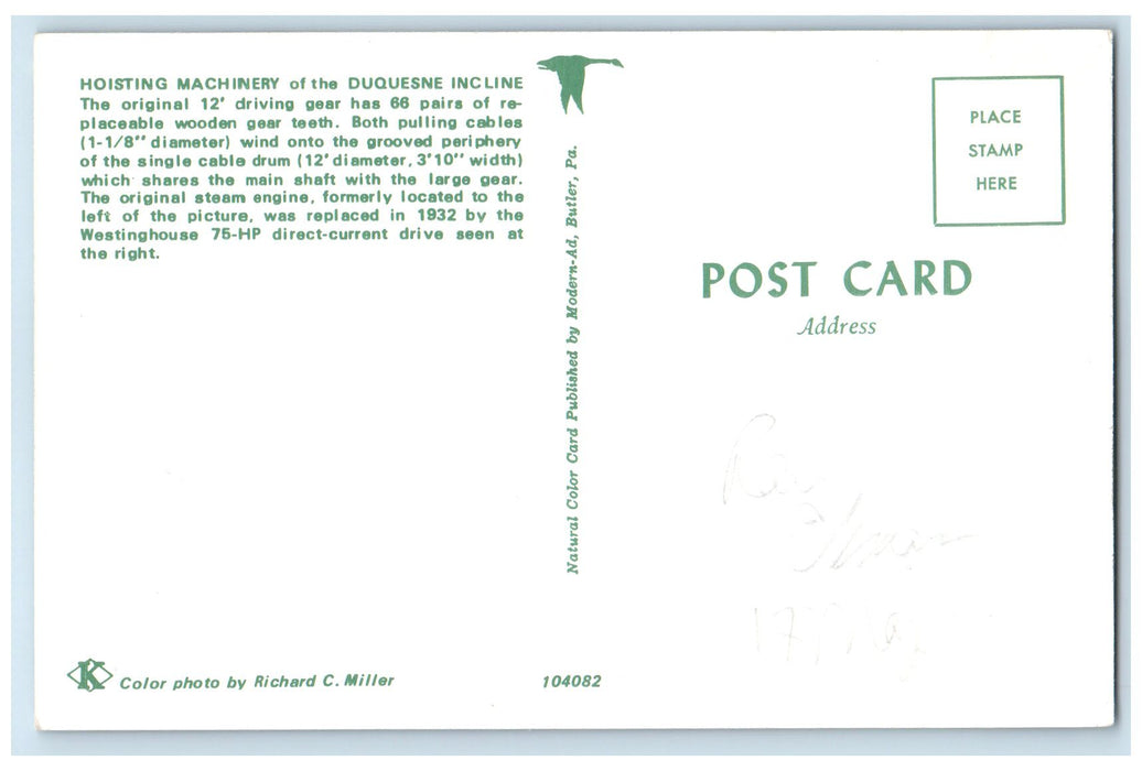 c1950's Hoisting Machinery Of The Duquesne Incline Operating Machine Postcard