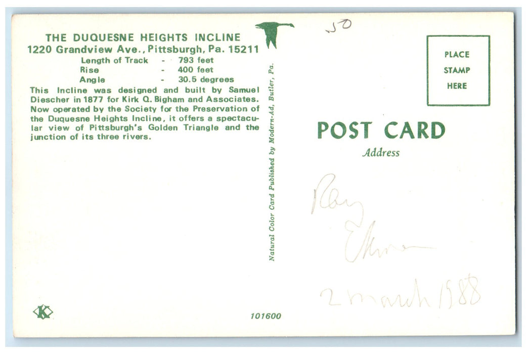 c1950's The Heights Duquesne Incline View Pittsburgh Pennsylvania PA  Postcard