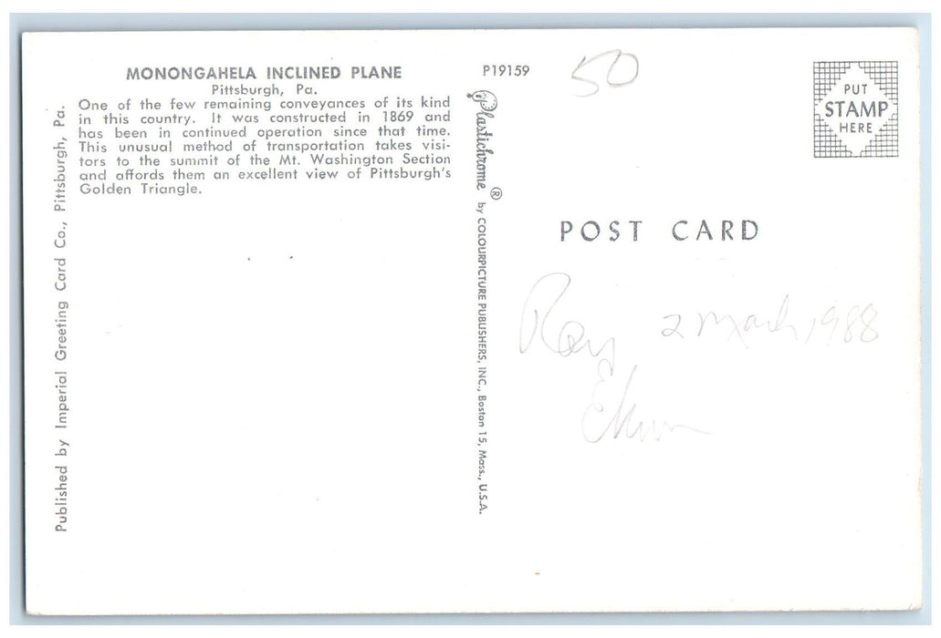 c1950 Monongahela Inclined Plane Classic Car Pittsburgh Pennsylvania PA Postcard