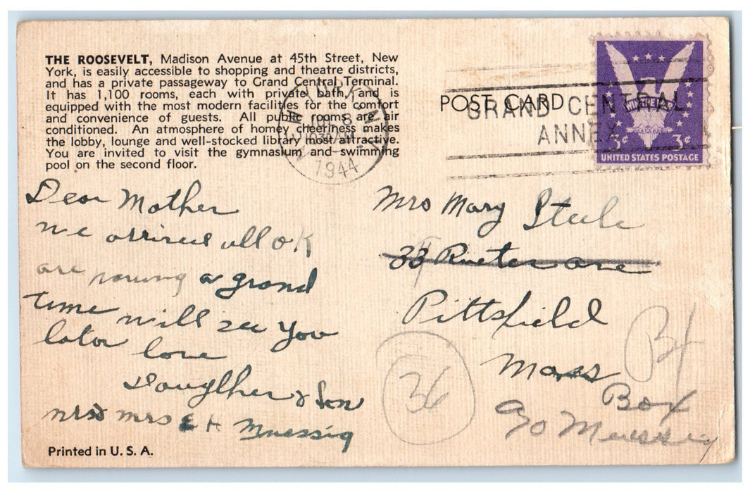 1944 The Roosevelt Hotel & Restaurant Madison & 45th Street New York NY Postcard