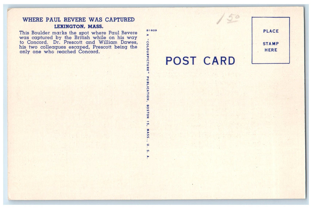 c1920's Where Paul Revere Was Captured Marks Lexington Massachusetts MA Postcard