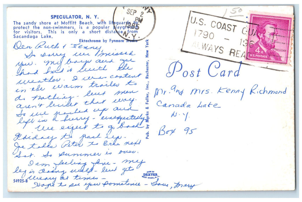 1965 Sandy Shore At Moffitt Beach Lifeguard View Speculator New York NY Postcard