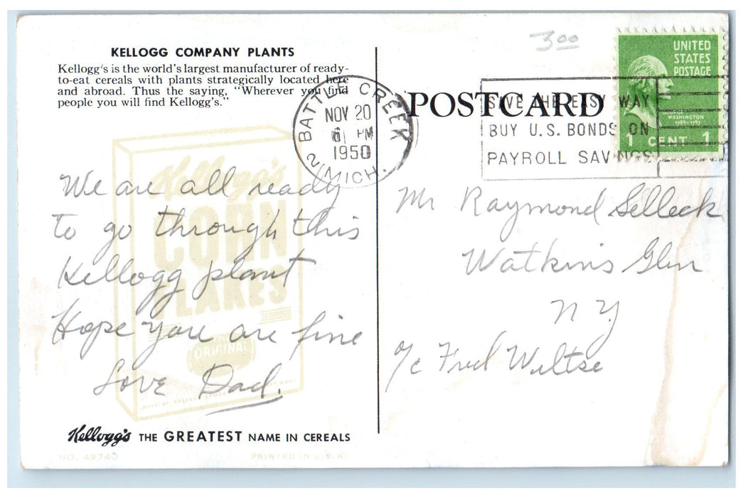 1950 Kellogg Company Plant Manufacturer Battle Creek Michigan MI Posted Postcard