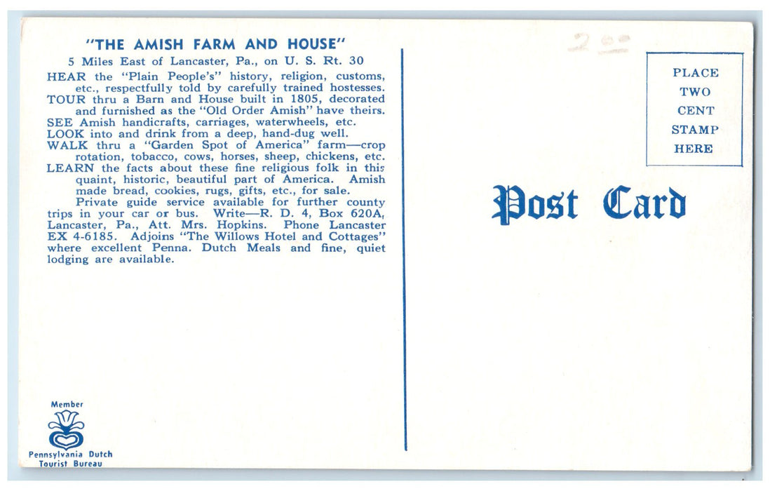 c1950's Amish Farm & House Lodging Restaurant Lancaster Pennsylvania PA Postcard