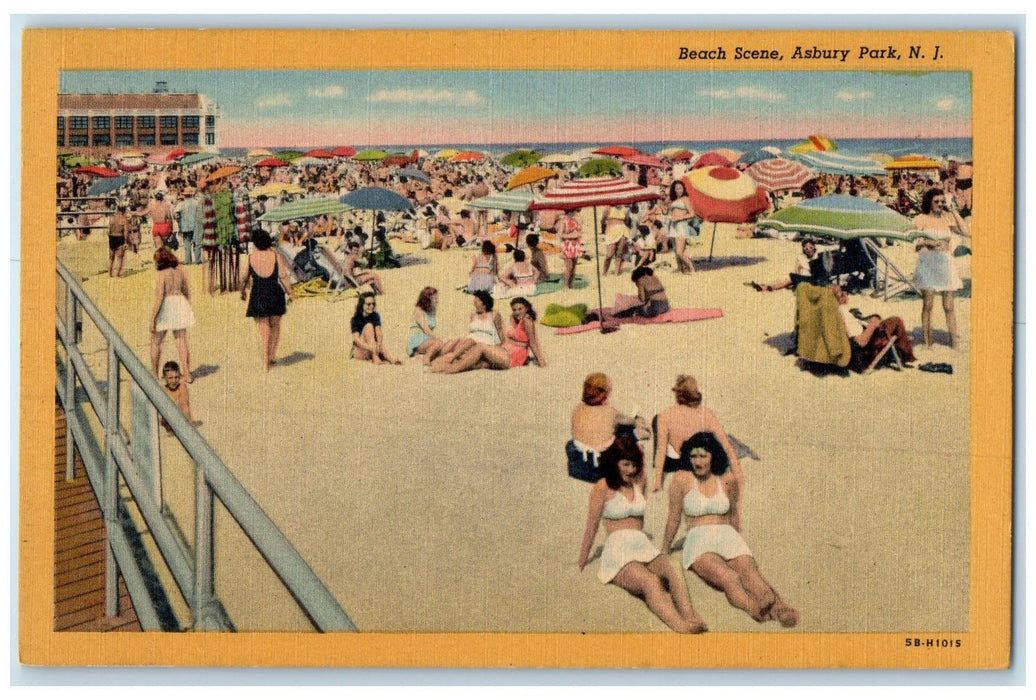 c1940 Beach Scene Umbrellas Sunbathing Crowd Asbury Park New Jersey NJ Postcard