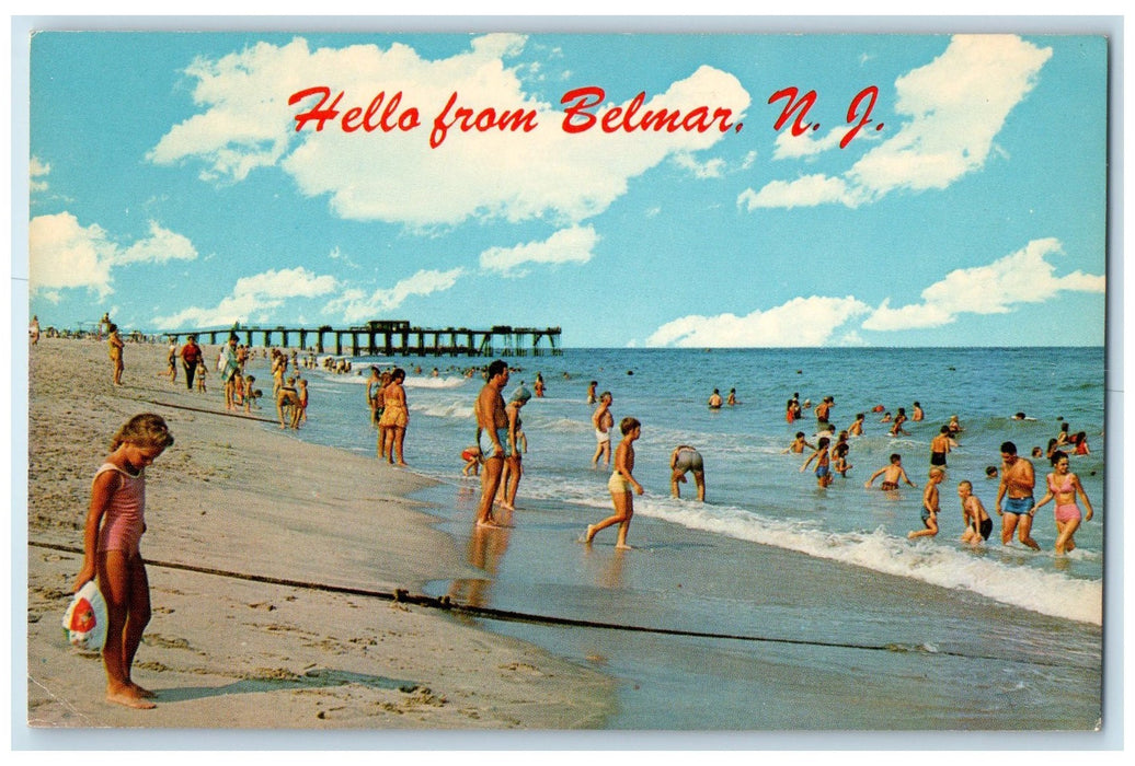 c1950's Hello From Belmar Beach Bathing Kids Swimming New Jersey NJ Postcard