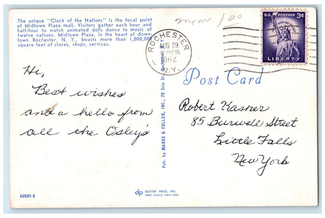 1962 The Unique Clock Of The Nation Midtown Plaza Rochester New York NY Postcard