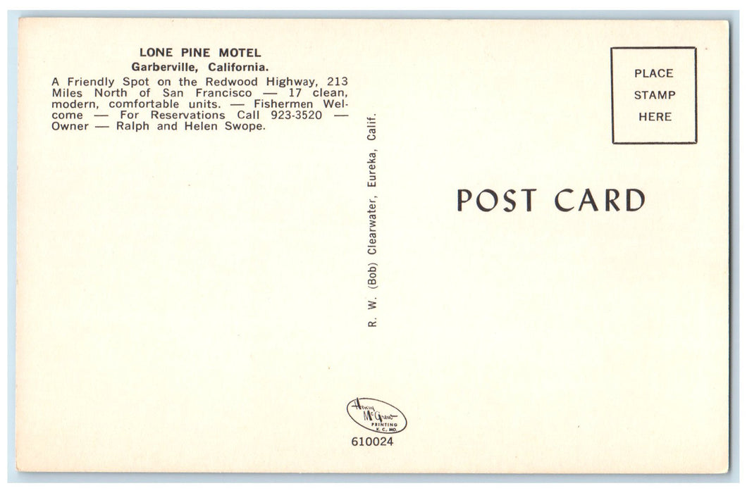 c1960s Lone Pine Motel Exterior Garberville California CA Unposted Cars Postcard