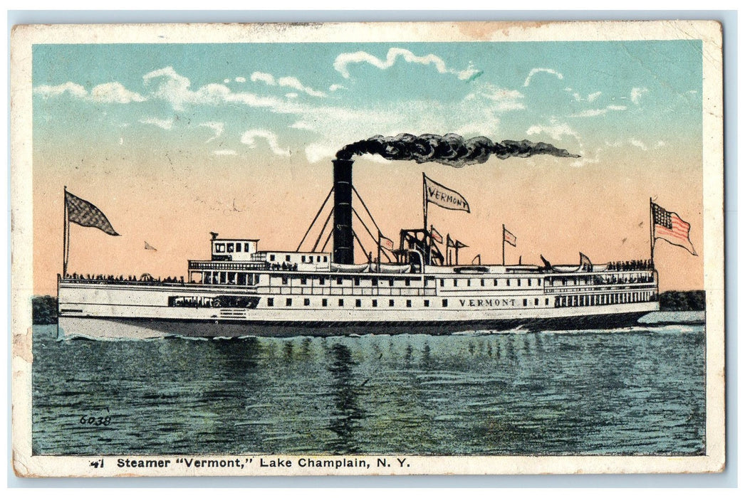 1921 Steamer Vermont Scene Lake Champlain New York NY Unposted Flags Postcard