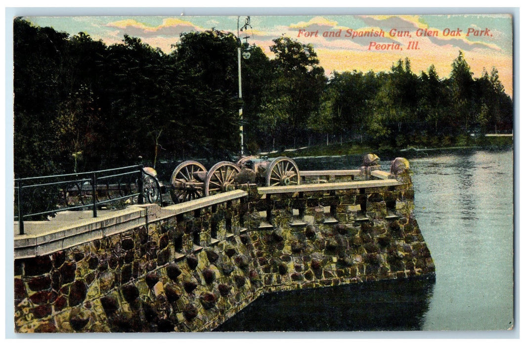 c1910's Fort And Spanish Gun Glen Oak Park Peoria Illinois IL Trees Postcard