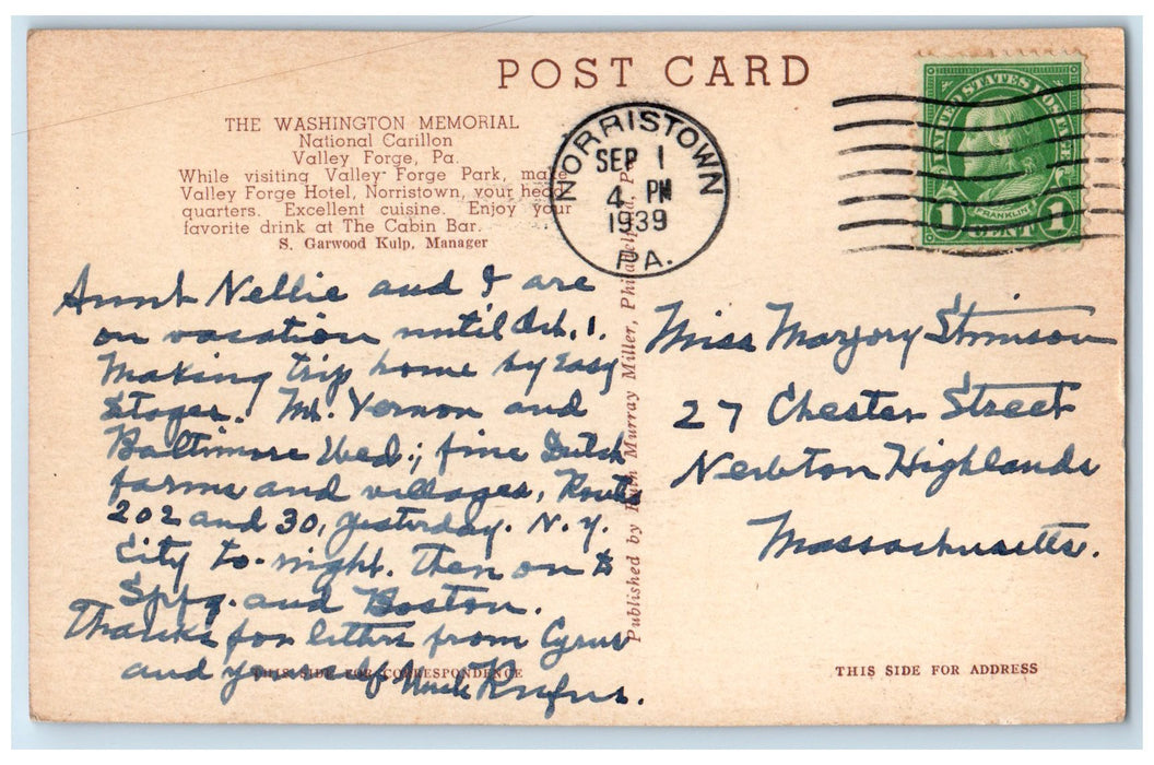 1939 The Washington Memorial Valley Scene Forge Pennsylvania PA Posted Postcard
