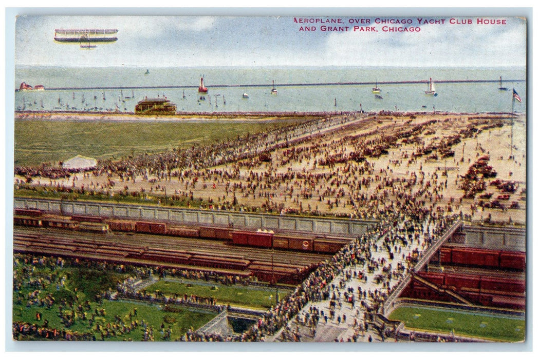 c1910s Aeroplane Over Chicago Yacht Club House Chicago IL Unposted Boat Postcard