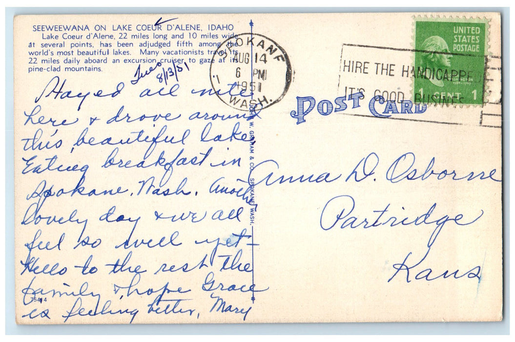 1951 Seeweewana On Lake Coeur d'ALene Kootenai County Idaho ID Trees Postcard