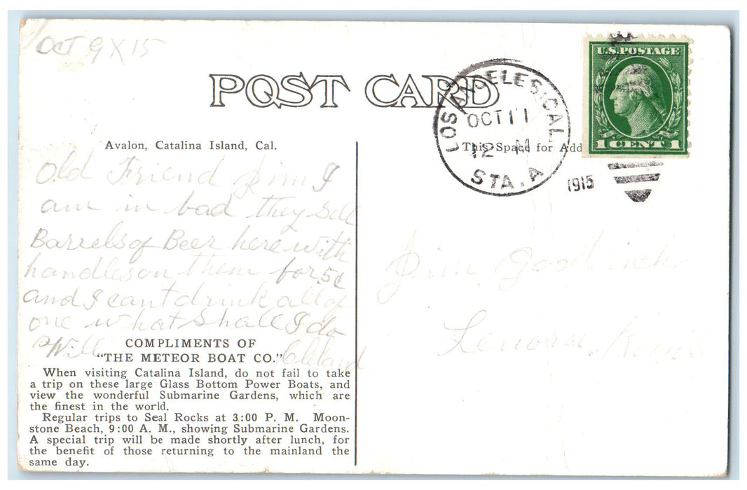 1915 Glass Bottom Power Boat Emperor Scene Catalina Island CA Flags Postcard