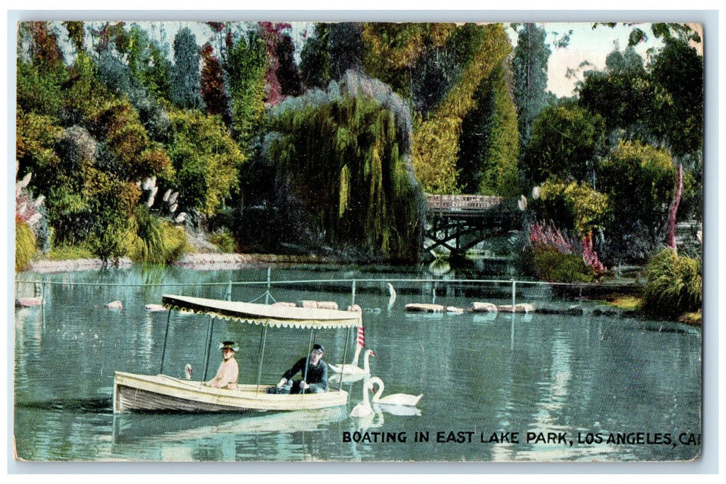 1911 Boating In East Lake Park Swans Los Angeles California CA Posted Postcard