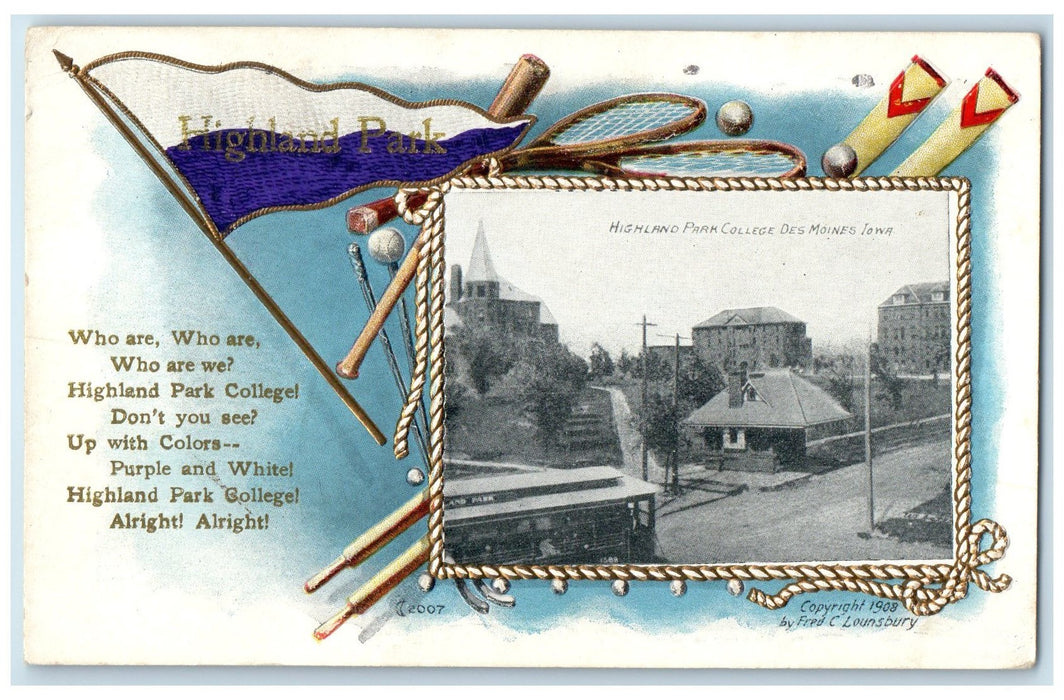 c1920's Highland Park College Des Moines Trolley Buildings Road Iowa IA Postcard