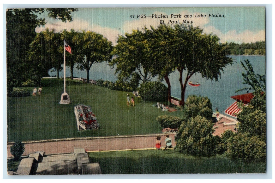 1953 Phalen Park And Lake Phalen Flagpole Scene St. Pole Minnesota MN Postcard