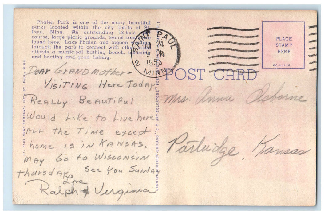 1953 Phalen Park And Lake Phalen Flagpole Scene St. Pole Minnesota MN Postcard