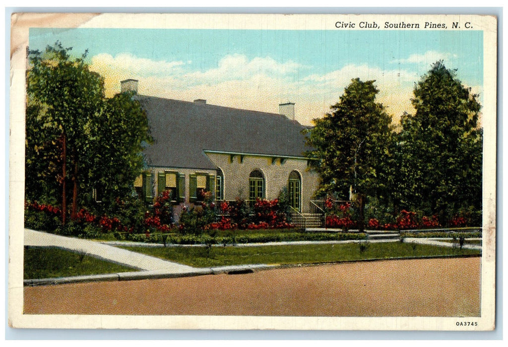 1940 Civic Club Exterior Roadside Southern Pines North Carolina NC Tree Postcard