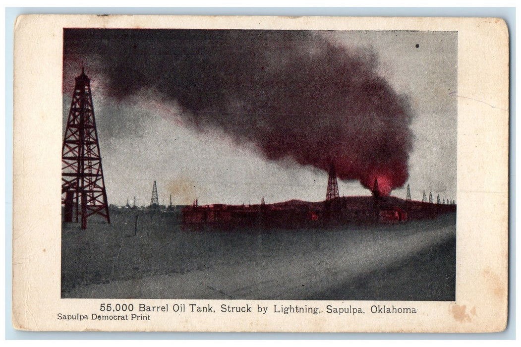 c1920's 55,000 Barrel Oil Tank Struck By Lightning Sapulpa Oklahoma Ok Postcard