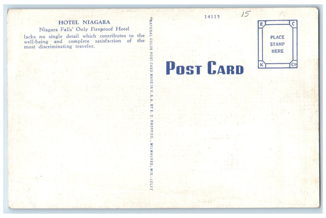 c1940 Indian Room Hotel Niagara & Restaurant Niagara Falls New York NY Postcard