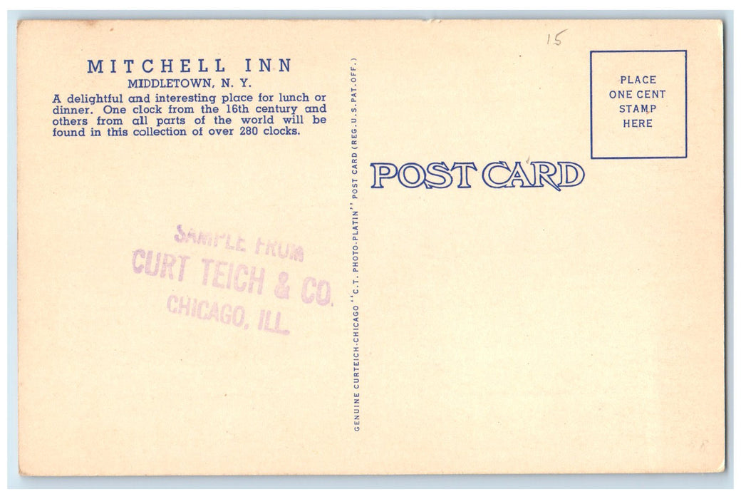 c1920's Clock Room Mitchell Inn & Restaurant Middletown New York NY Postcard