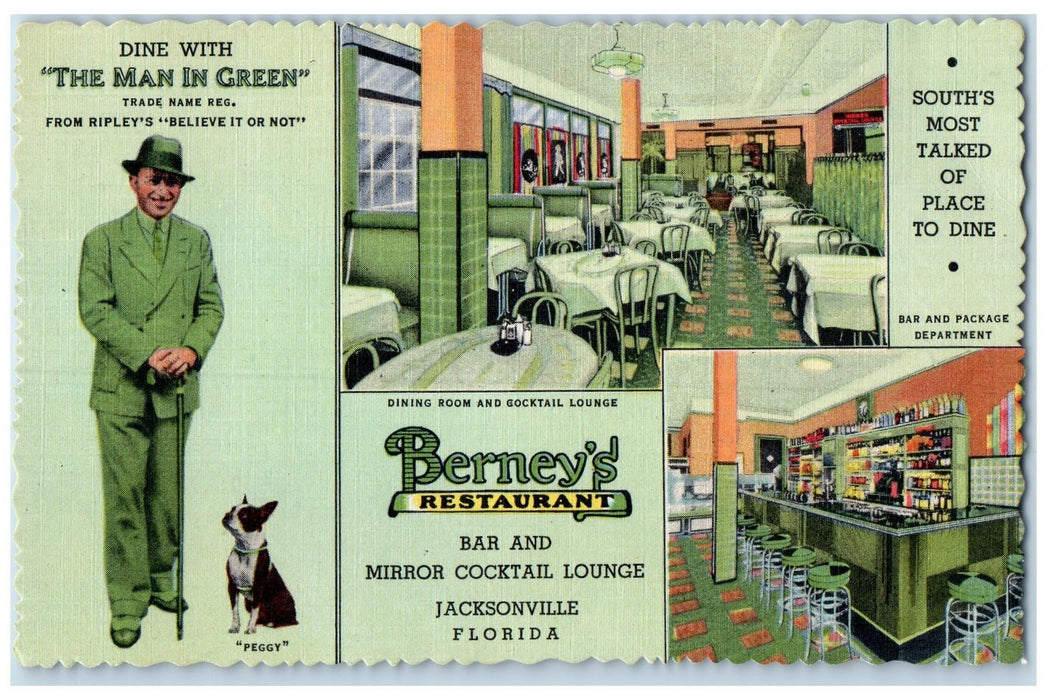 c1940 Berney's Restaurant Bar & Cocktail Lounge Jacksonville Florida FL Postcard