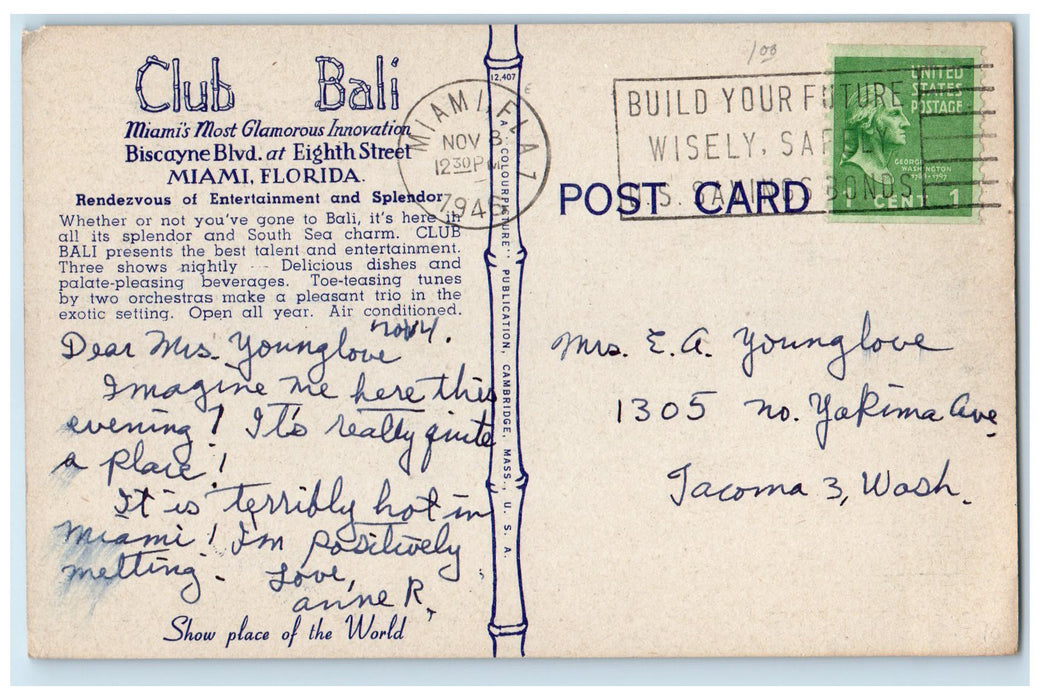 1946 Club Bali Restaurant Bar Lounge Orchestra Shows Miami Florida FL Postcard