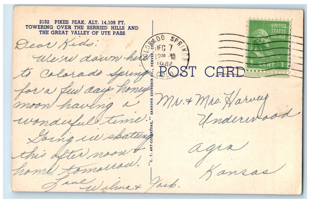 1942 Pikes Peak Towering Over The Serried Hills Colorado Springs CO Postcard
